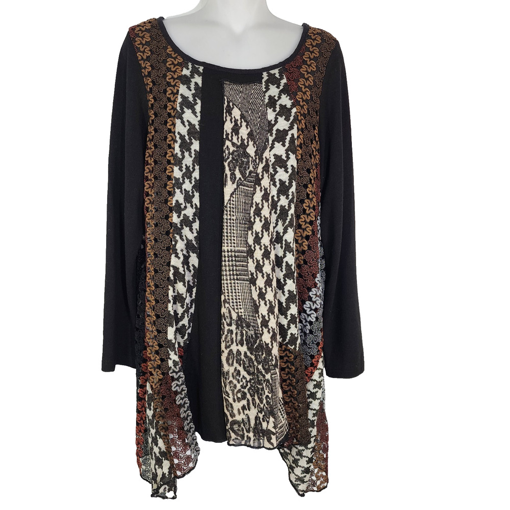Dikalady Tunic Top Womens Small Patchwork Geometric Asymmetrical Black Lined Art